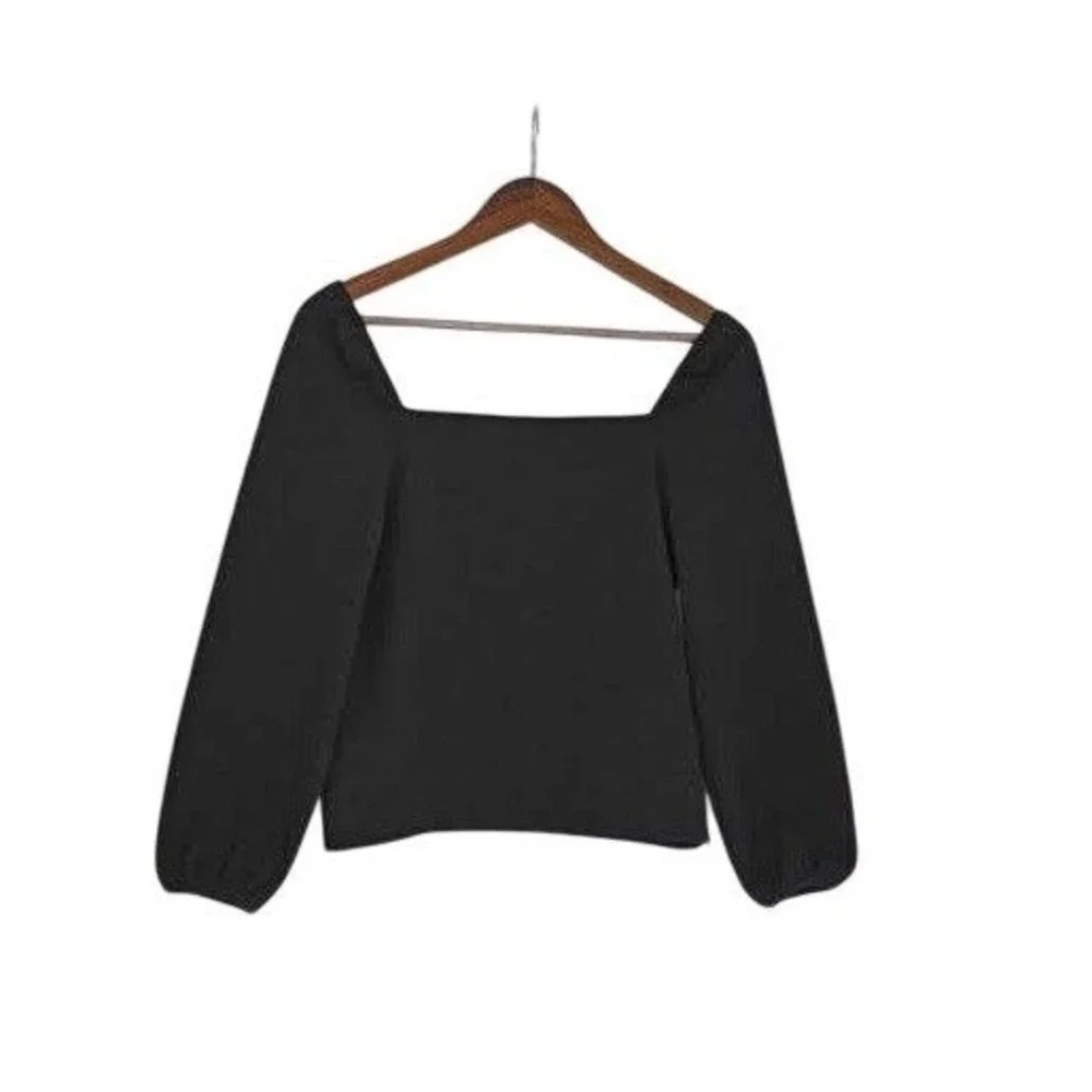 Madewell NWOT Square-Neck Puff-Sleeve Top Black Minimalist‎ Chic Fit Small S